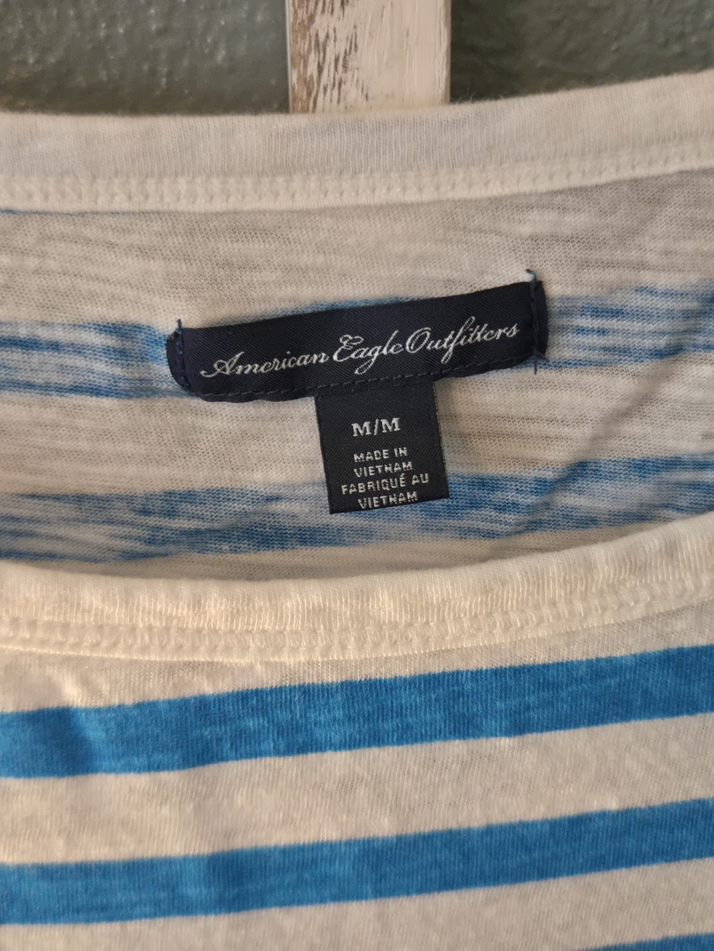 American Eagle Blue & White Nautical Striped 3/4 Sleeve Boat Neck Tee - M - Picture 2 of 4